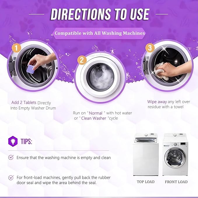 Washing Machine Cleaner Tablets for Pet Owners PRO MAX, Large Enzymatic Deep Cleaning Remove for Cat & Dog Hair, Odor, Residue, Compatible with HE, Top & Front Load