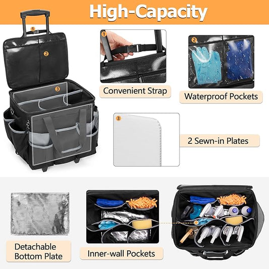 Large Rolling Cleaning Caddy with Detachable Trolley & Lid, Cleaning Cart on Wheels with Shoulder Strap & Handles, Cleaning Supplies Organizer with Multi Pockets for Cleaning Tools Storage