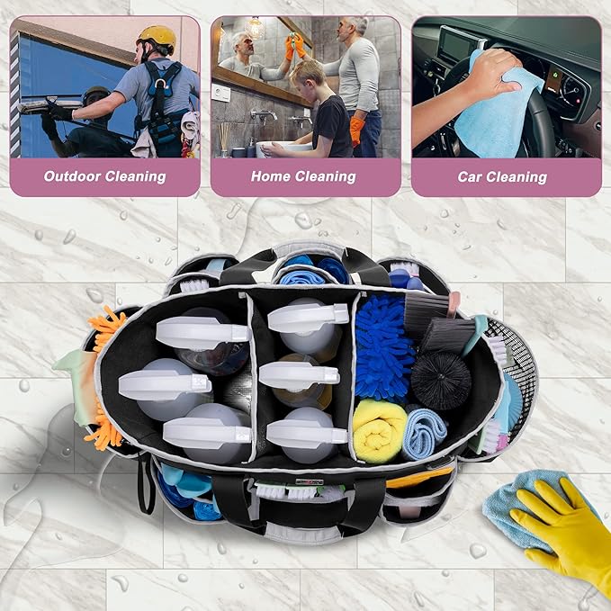 LoDrid Cleaning Caddy Bag with Handle and Shoulder Strap, Cleaning Supplies Organizer for Cleaning Work with 3 Compartments and Multifunctional Pockets, Black with Gray Edge