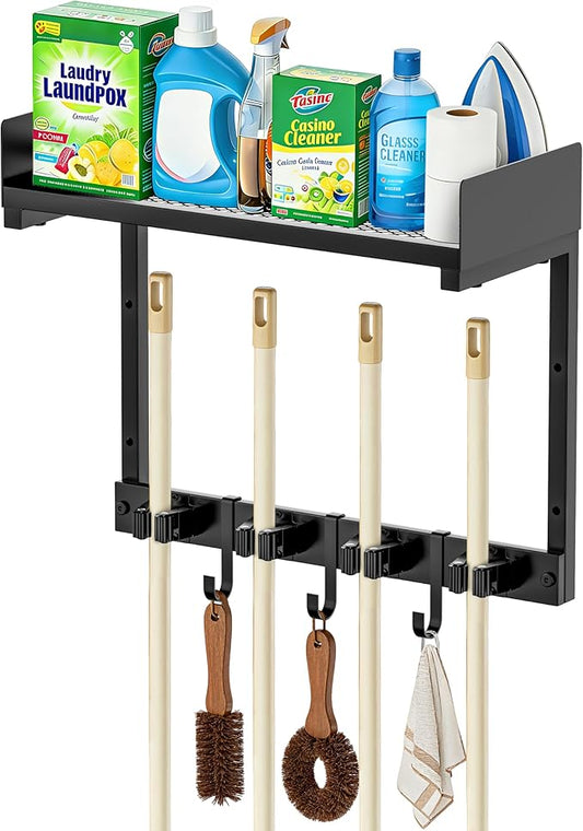 Heavy Duty Broom Holder Wall Mount with Grid Shelf, 4 Adjustable Hooks | All-in-One Cleaning Supplies Organizer for Laundry Room, Garage, Kitchen Storage