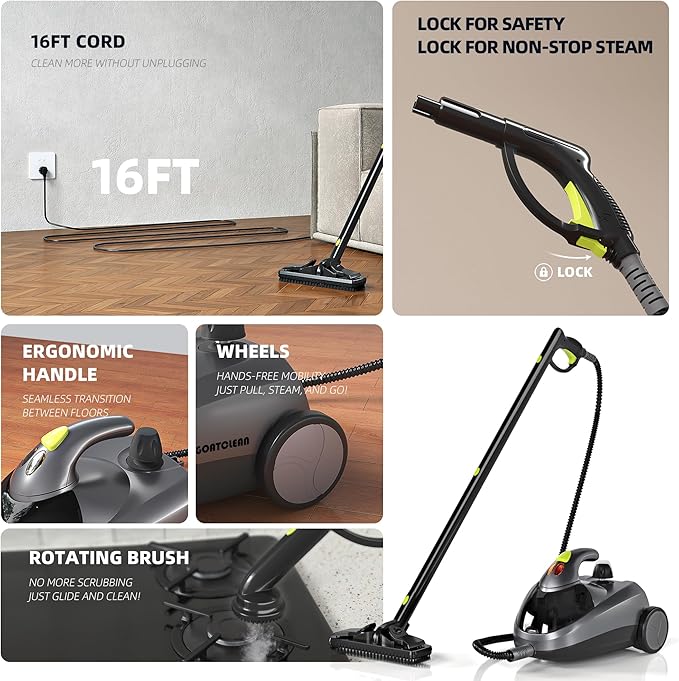 Steam Cleaner, Power Steamer for Chemical-Free Home Cleaning, 22-Piece Accessory, Multipurpose Floor Cleaner for Grout, Kitchen, Bathroom, Car, Upholstery, 16ft Cord, High Temperature