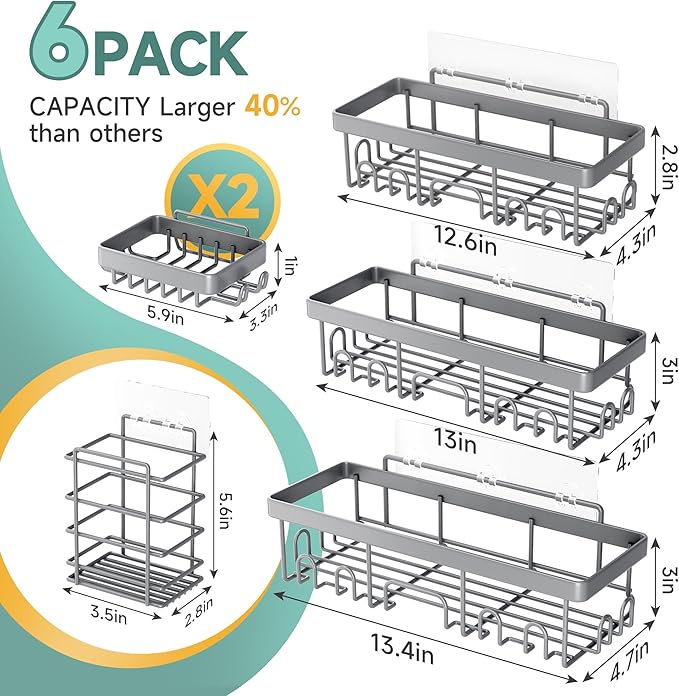 Veken 6-Pack Rustproof & Waterproof Shower Caddy, Adhesive Shelves Rack, Large Capacity Bathroom, College Dorm & Apartment Organizers, No-Drill Wall Mount Living Room & Bedroom Decor, Light Grey
