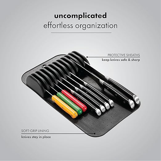 madesmart Large Knife Mat, Soft-Grip In Drawer Knife Organizer for 12 Knives, Non-Slip Kitchen Drawer Storage, Space Saving Knife Block Alternative, Carbon