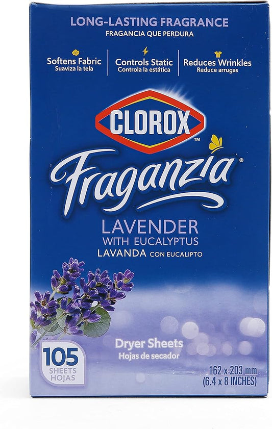 Clorox Fraganzia Fabric Softener Dryer Sheets, Lavender Scent - Wrinkle Reducing Scented Softening Laundry Dryer Sheets for Great Smelling Clothes, 105 Count