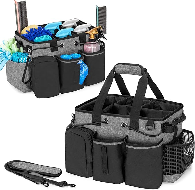 LoDrid Large Professional Cleaning Caddy with Detachable Divider, Supply Organizer with Handle and Shoulder Strap, Cleaning Bags for Housekeepers & Cleaners, Black
