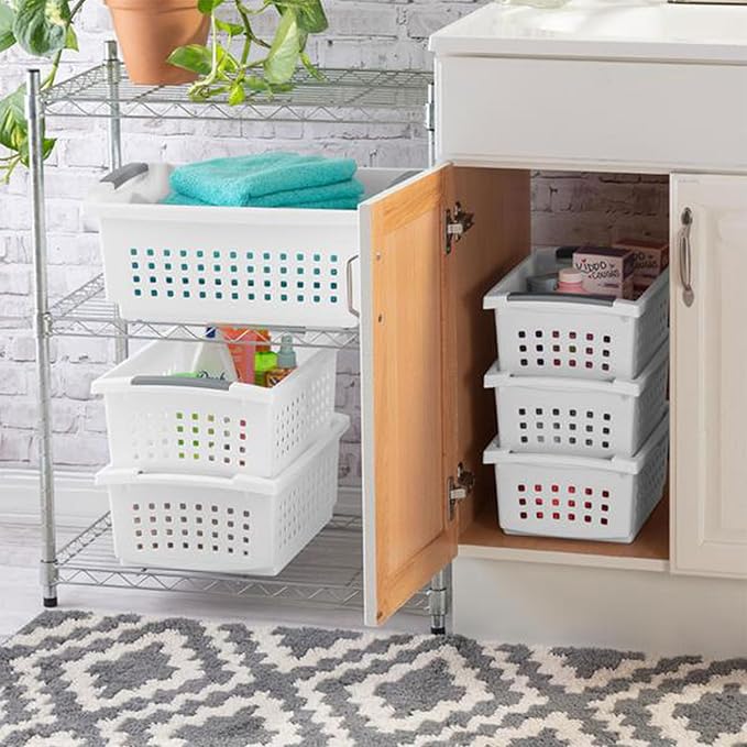 Sterilite Stackable Storage Bin and Organization Basket with Flip Down Accent Rails for Home and Household Organization, Medium, White (20 Pack)