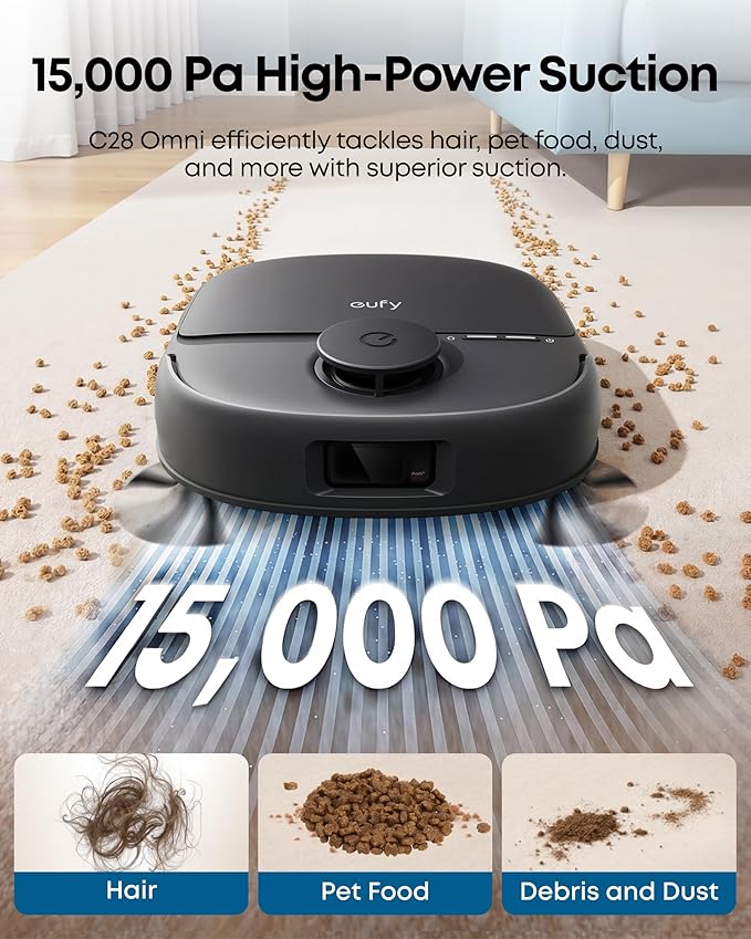 eufy Robot Vacuum C28, HydroJet™ Self-Cleaning Roller Mop, DuoSpiral™ Detangle Brush, 15,000 Pa Turbo High Suction, 5-in-1 Robot Vacuum and AI Obstacle Avoidance