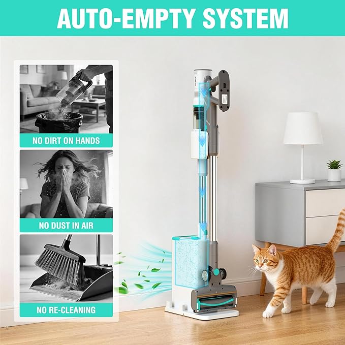 HAUSHOF Cordless Vacuum Cleaner with Auto Empty Station, 250W Motor, HEPA Filter, Anti-Tangle Brushroll, Stick Vacuum for Pet Hair, Hardwood Floors, Carpets