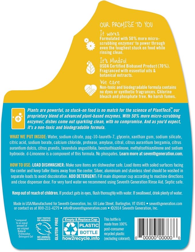 Seventh Generation 22929CT Natural Auto Dishwasher Gel, Ultra Power Plus, Fresh Citrus, 65 oz Bottle (Case of 6)
