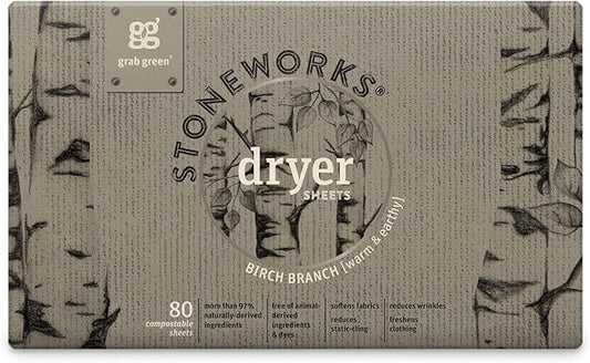 Grab Green Stoneworks Cruelty-Free Dryer Sheets | Softens Fabrics, Freshens Clothing & Reduces Static-Cling and Wrinkles | Plant Based | Birch Branch Scent (80 Sheets)
