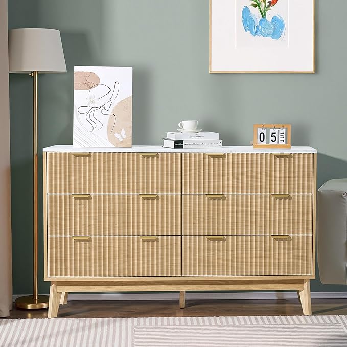 VEVOR Fluted 6 Drawer Dresser, 54" Wide Chest of Drawers with Faux Marble Top, Modern Dresser TV Stand, Wooden Closet Clothes Storage Organizer for Bedroom, Living Room, Hallway, Entryway, Natural Oak