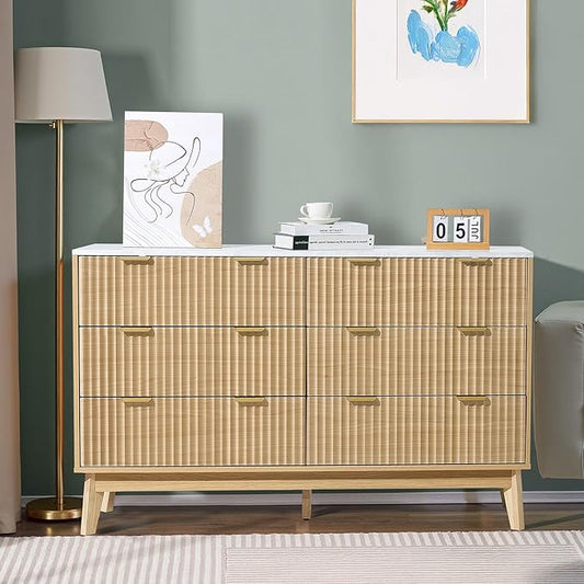 VEVOR Fluted 6 Drawer Dresser, 54" Wide Chest of Drawers with Faux Marble Top, Modern Dresser TV Stand, Wooden Closet Clothes Storage Organizer for Bedroom, Living Room, Hallway, Entryway, Natural Oak