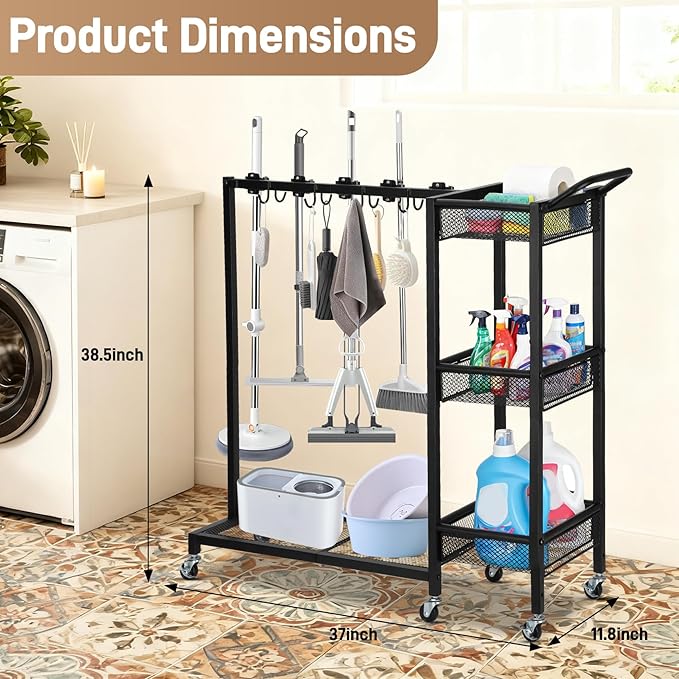 Broom Cart with Cleaning Supplie Organizer,Cleaning Cart with 8 Mop Hanger Gripper Rack Hooks 3-tier Storage Rack and 1 Large Shelf Cleaning Cart Organizer Suitable for Home and Commercial Use