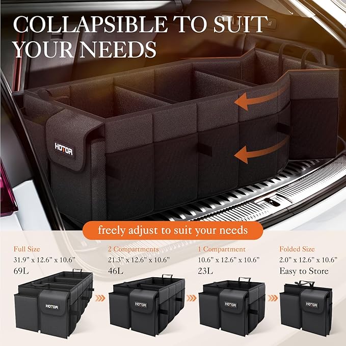 HOTOR Trunk Organizer for Car - Car Organizer, Foldable Trunk organizer for SUVs & Sedans, Sturdy Organization for Car Accessories, Tools, Sundries, Black, 3 Compartments, 31.9"×12.6"×10.6"