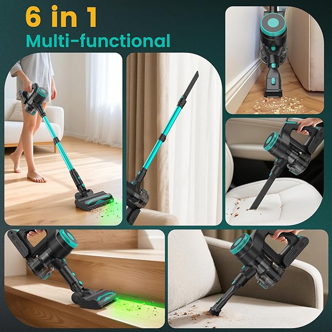 Zefiro Cordless Vacuum Cleaner,45Mins Runtime Stick Vacuum, Anti-Tangle and 1.5L Dust Cup, Lightweight Vacuum for Hardwood Floor Carpet Pet Hair (Green)