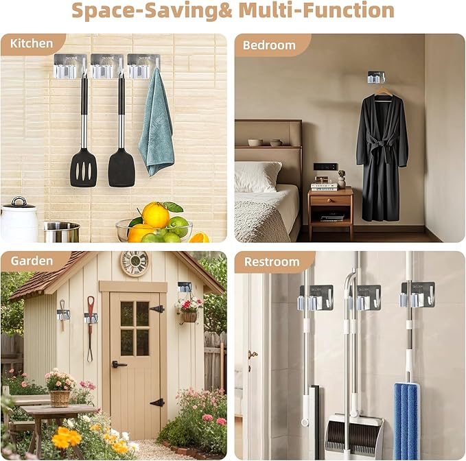 Mop and Broom Rack, Used for Hanging and organizing Tube-Shaped Tools Such as mops and Brooms, with Hooks, Elegantly Releasing Space, Suitable for bathrooms, Kitchens, Offices, etc (Black)
