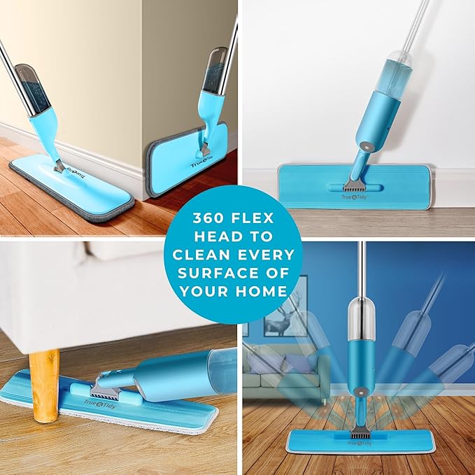 True & Tidy® SPRAY-250 Multi-Surface Spray Mop with Refillable Water Bottle for Floor Cleaning, Works on Wood, Tile, Marble etc, Use Any Cleaning Solution, Machine Washable Microfiber Mop Pads, Blue