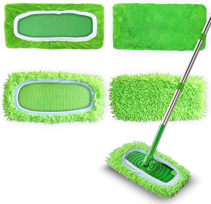 4 Pack Reusable Microfiber Mop Pads Compatible with Swiffer Sweeper, Washable Dry Sweeping Cloths and Wet Mopping Cloth Refills for Hardwood Surface Floor Cleaning (Mop is Not Included)