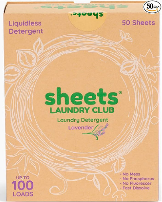 Sheets Laundry Club - Liquidless Laundry Detergent Sheets, 100 Loads - Lavender Scent, Eco-Friendly, Quick-Dissolving Formula, Hypoallergenic, Septic Safe, Plastic-Free Packaging - 50 Sheets