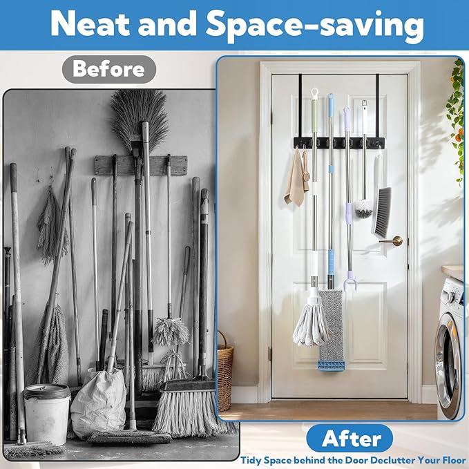 2 Pack Broom Holder Door Mount Black Broom Closet with 2 Over Door Hooks Over the Door Broom and Mop Holder Broom and Mop Organizer Wall Hanging with 4 Racks and 4 Hooks for Laundry Garage Closet Home