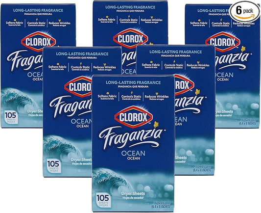 Clorox Fraganzia Fabric Softener Dryer Sheets, Ocean Scent - Wrinkle Reducing Scented Softening Laundry Dryer Sheets for Great Smelling Clothes, 105 Count - 6 Pack