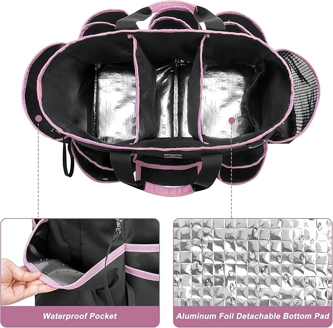 LoDrid Cleaning Caddy Bag with Handle and Shoulder Strap, Cleaning Supplies Organizer for Cleaning Work with 3 Compartments and Multifunctional Pockets, Black with Pink Edge