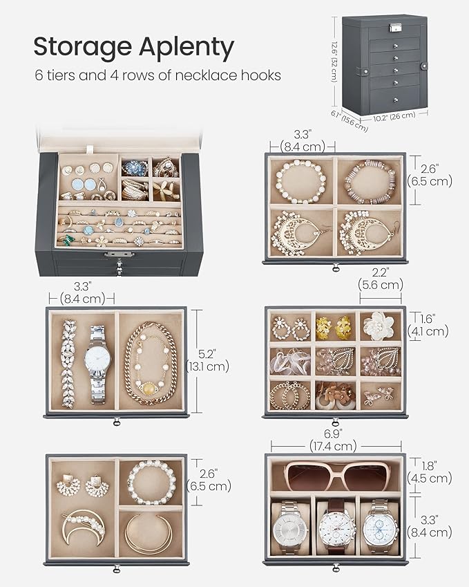 SONGMICS 6-Layer Jewelry Box Organizer with 5 Drawers, Jewelry Storage Case with Lock and Mirror, Large Storage Capacity, Gift for Loved Ones, for Necklaces, Watches, Gray UJBC152G01