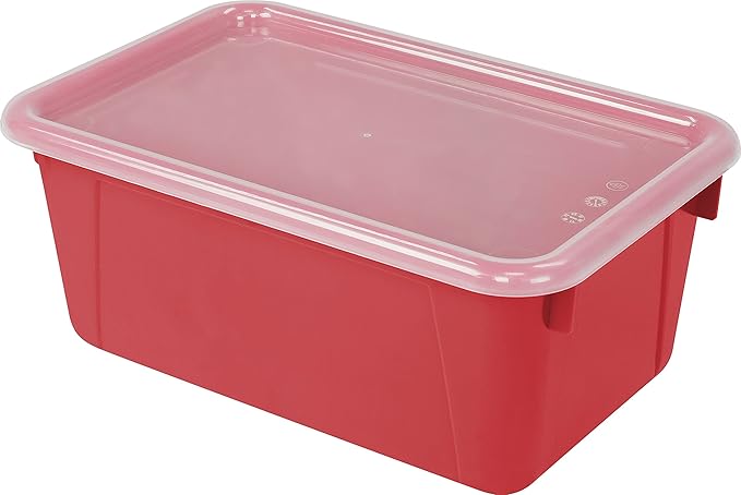 Storex Small Cubby Bins – Plastic Storage Containers for Classroom with Non-Snap Lid, 12.2 x 7.8 x 5.1 inches, Red, (62407U05C) (Pack of 5)