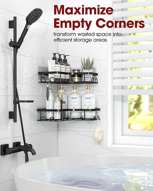 Corner Shower Caddy - 2 Pack, Adhesive Shower Organizers, Rustproof Stainless Steel Shower Shelves with 8 Hooks, No Drilling Bathroom Organizers and Storage Racks, Space-Saving, Black, Large