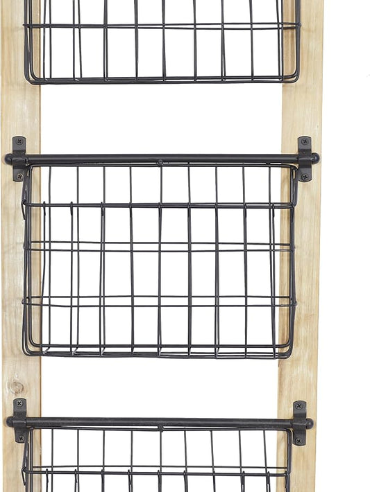 Deco 79 Metal 3 Slot Magazine Rack Holder with Wood Frame and Suspended Wire Baskets, 14" x 5" x 34", Black