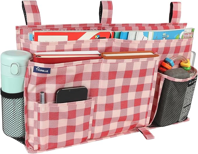 Surblue Bedside Caddy Hanging Bed Organizer Storage Bag Pocket for Bunk and Hospital Beds, College Dorm Rooms Baby Bed Rails, Camp 8 Pockets, (Large, Red Plaid)