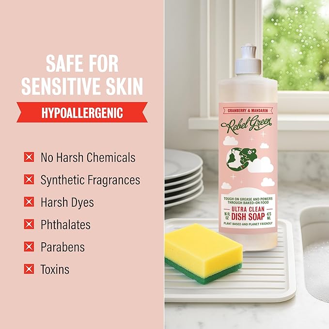 Rebel Green Super Deluxe Dish Soap - Plant-Based Sustainable Dishwashing Soap - Cranberry & Mandarin Scent - 16 fl oz - 2 Pack