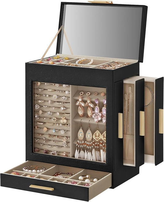 SONGMICS Jewelry Box with Glass Window, 5-Layer Jewelry Organizer with 3 Side Drawers, Jewelry Storage, with Big Mirror, Modern, 6.1 x 10.3 x 12.6 Inches, Ink Black and Metallic Gold UJBC162B02