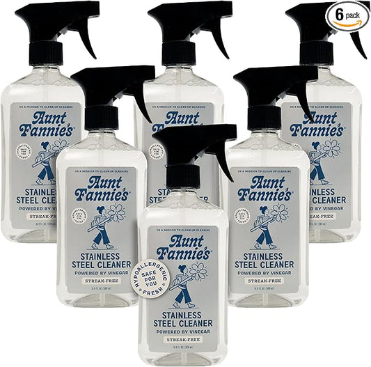 Aunt Fannie's Stainless Steel Spray Cleaner, Powered by Vinegar, Fingerprint and Residue Remover for Refrigerator, Dishwasher, Oven, Grill, Sink, Stovetop, and Other Appliances, Pack of 6