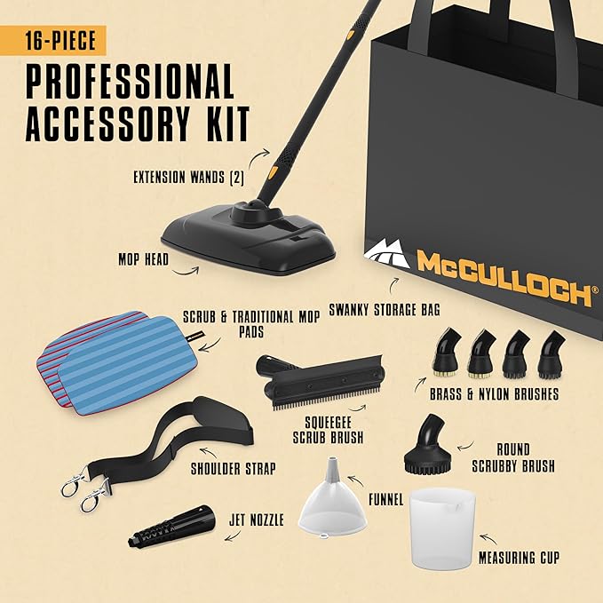 McCulloch MC1270 Portable Power Steam Cleaner, 30 Minute Runtime, 16 Accessories: Mop Head, Brushes, & More - Built for Home, Tile, Grout, Carpet, Furniture, & Personal Car Detailing