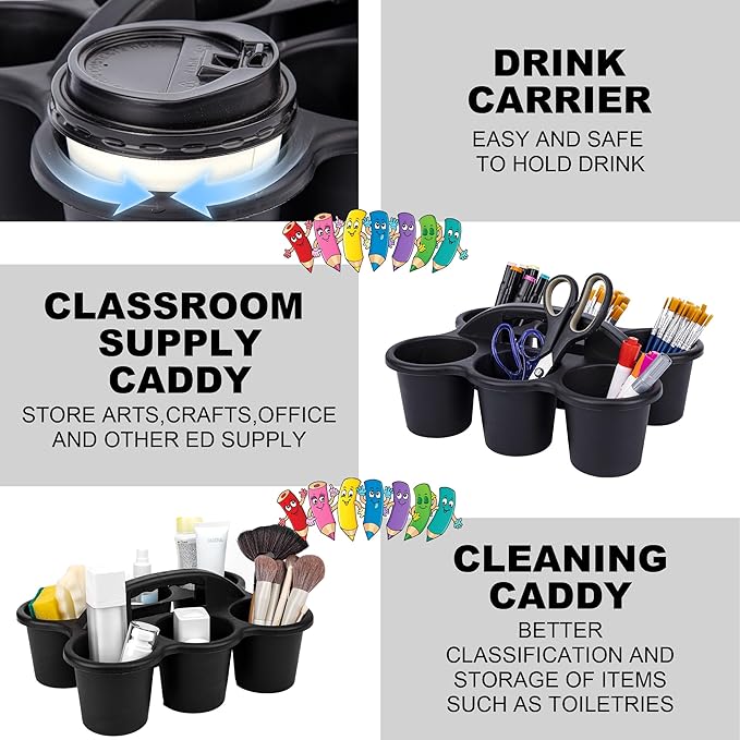 6 Pack Classroom Caddy For School,Kidsroom,Pencil Holder,Plastic Cup Caddies for Drink Delivery,Cleaning Caddy Organization For Shower Room（Black