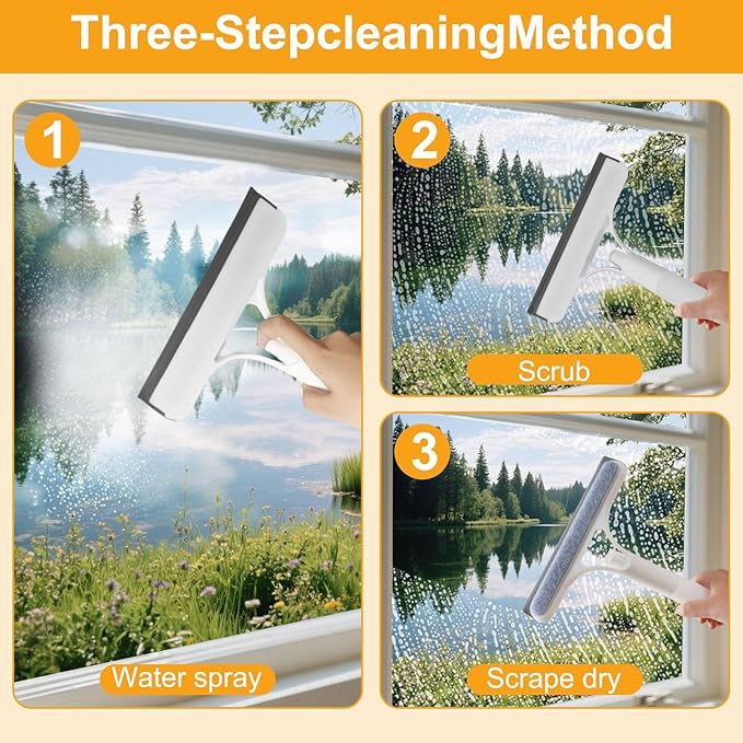 3 in 1 Window Cleaning Scraper with 2 Replaceable Cleaning Cotton Strips, 3 in 1 Spray Squeegee, Window Squeegee, Suitable for Cleaning Bathroom Glass, Mirrors, Car Windows (White)