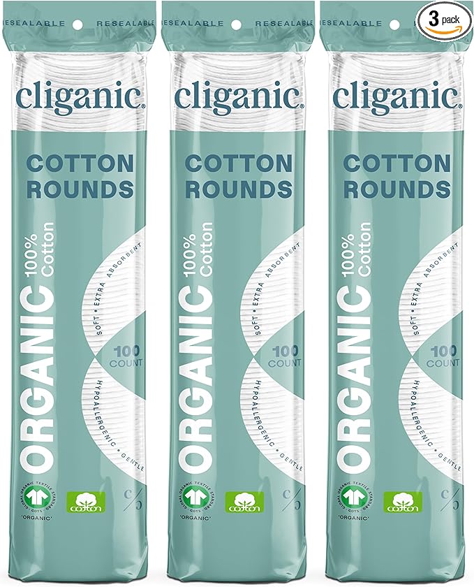 Cliganic Organic Cotton Rounds (300 Count) Makeup Remover Pads, Hypoallergenic, Lint-Free | 100% Pure Cotton (Packaging May Vary)