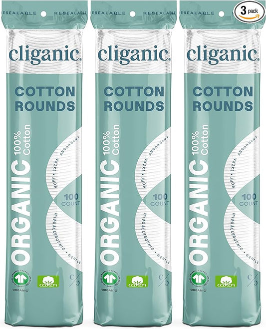 Cliganic Organic Cotton Rounds (300 Count) Makeup Remover Pads, Hypoallergenic, Lint-Free | 100% Pure Cotton (Packaging May Vary)