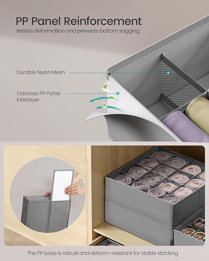 SONGMICS 4 Pack Drawer Organizers, 80 Cells (2x16+2x24), Foldable Dividers, 11.8 x 11.8 x 3.9 Inches, for Socks, Underwear, Ties, Belts, Dove Gray URUS011G01