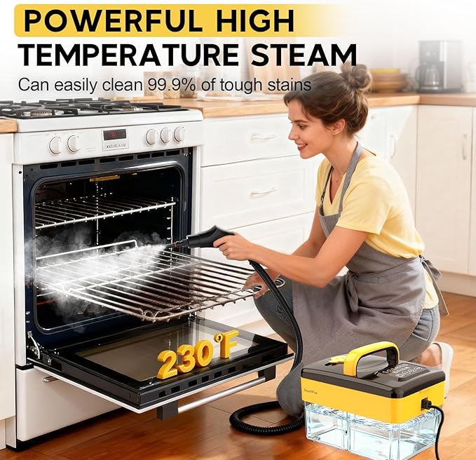 10S Fast Heating Heavy Duty Steam Cleaner 7 Adjustable Levels, 1.6 Quarts Tank, Continuous Spray, Natural Deep Cleaner, Portable Handheld Steamer with 15 Accessories for Home, Car, Tile (Yellow)