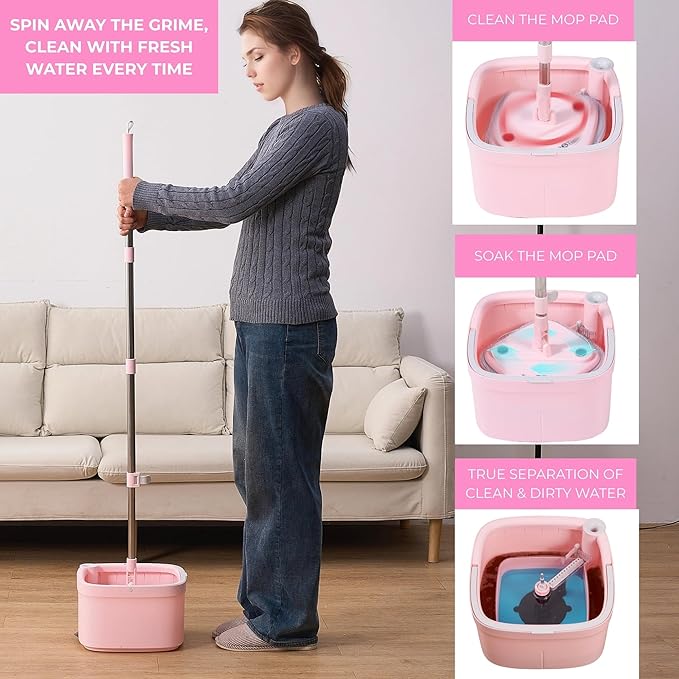 Square Spin Mop & Bucket Smart Floor Mop with Separate Compartments for Clean and Dirty Water, Self Cleaning 2025 Upgraded Version w/Side Brush & Self-Standing Handle, Rose