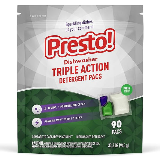 Amazon Brand - Presto! Triple Action Dishwasher Pacs, Fresh Scent, 90 Count