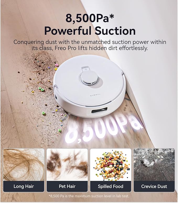 NARWAL Freo Pro Robot Vacuum and Mop Combo, Tangle Free Robot Mop, 8500Pa Powerful Suction, Self-Emptying, Auto Mop Washing, Auto Drying, Obstacle Avoidance, Ideal for Pet Hair and Hard Floor