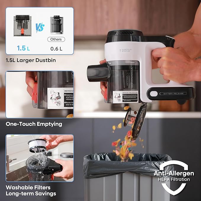 YONNDER Cordless Vacuum Cleaner, 50KPA/550W/70Mins Powerful Stick Vacuum for Home, Anti-Tangle, Self-Standing, Lightweight, Charging Dock, Vacuum Cleaner for Hardwood Floor/Carpet/Pet Hair/Car, M1