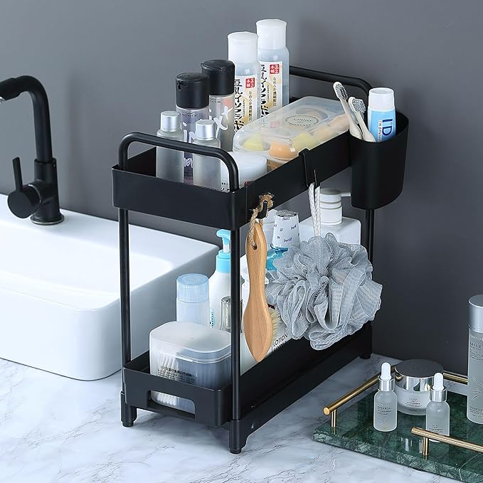2 Pack Double-Layer Under Sink Organizer for Efficiently Utilizing Space, High Capacity and Space Saving, 2 Tier Sliding Under Sink Shelf with 4 Hooks and a Cup Slot(Black)