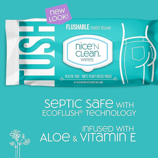 Nice 'N Clean Adult Flushable Wipes (3 x 60 Count) | Personal Cleansing Wipes Made from Plant-Based Fibers | Infused with Aloe & Vitamin E