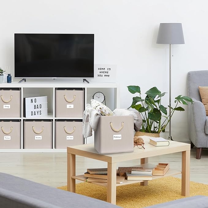 SIMPLE HOUSEWARE 11-Inch Cube Storage Bin With Braided Handles, 4 Pack, Ivory