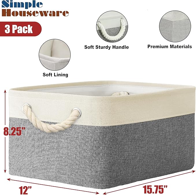 Simple Houseware Large Fabric Storage Bin, 15.7" x 12" with Braided Handles, 3 Pack, Gray