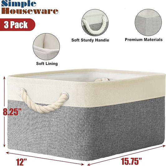 Simple Houseware Large Fabric Storage Bin, 15.7" x 12" with Braided Handles, 3 Pack, Gray